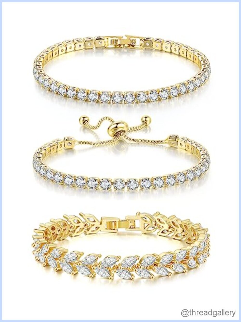 3 Pc Tennis Bracelet Set CZ Gold Plated Adjustable Box Chain Women Jewelry Gift